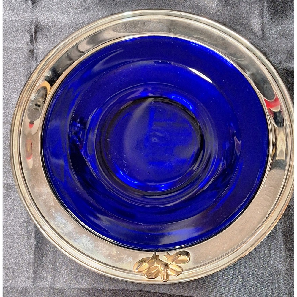Vintage MCM 60s Hollywood Regency Cobalt Blue Glass Plate-Silver plated platter